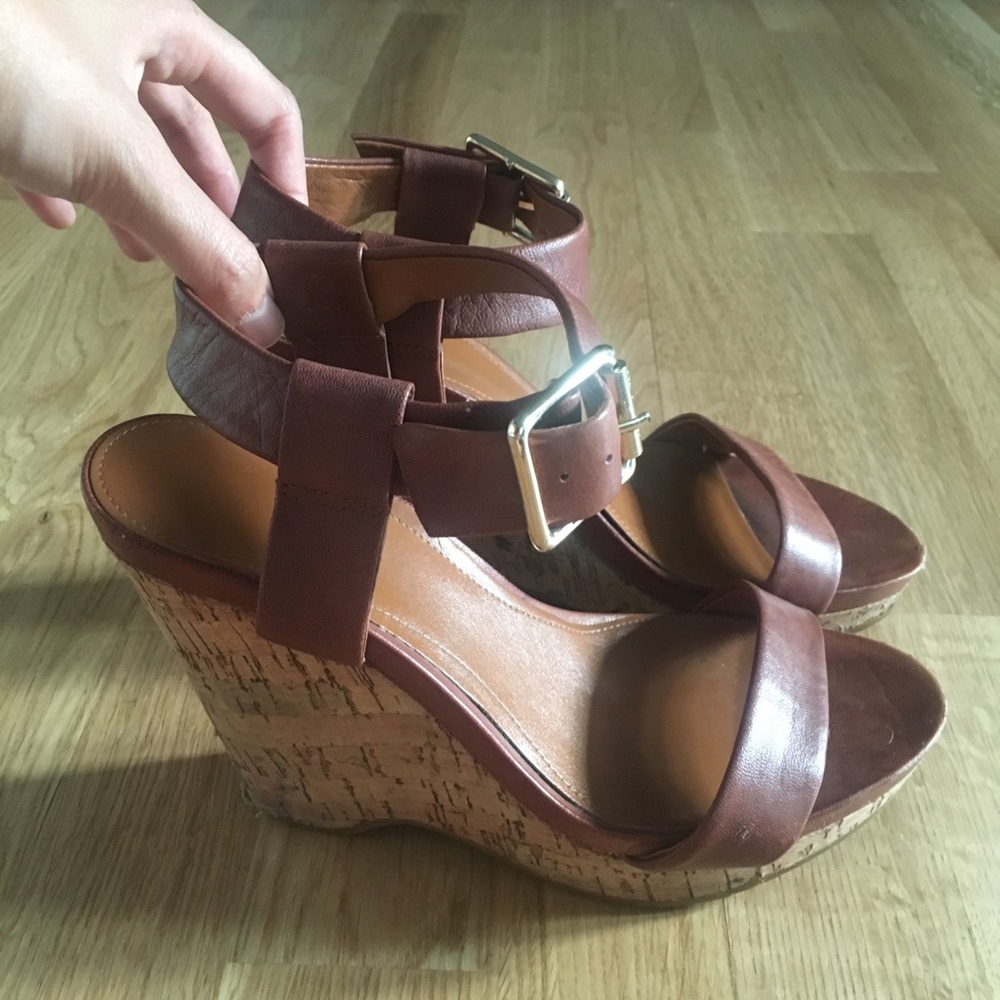 Calvin Klein Tan/Brown Ankle Strap Platform Wedges